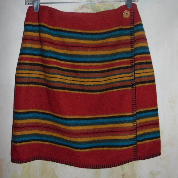 Vtg 90s Express Aztec Wool Striped Mini Skirt Wrap Around Red Blue M 26” Waist - Picture 4 of 8